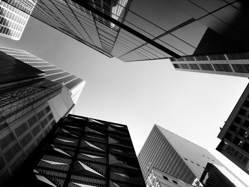 high skyscrapers in black and white photo
