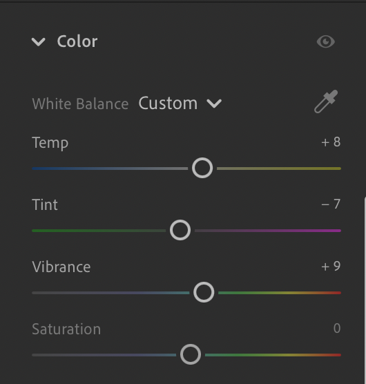 Adobe Lightroom editing control panel for colors