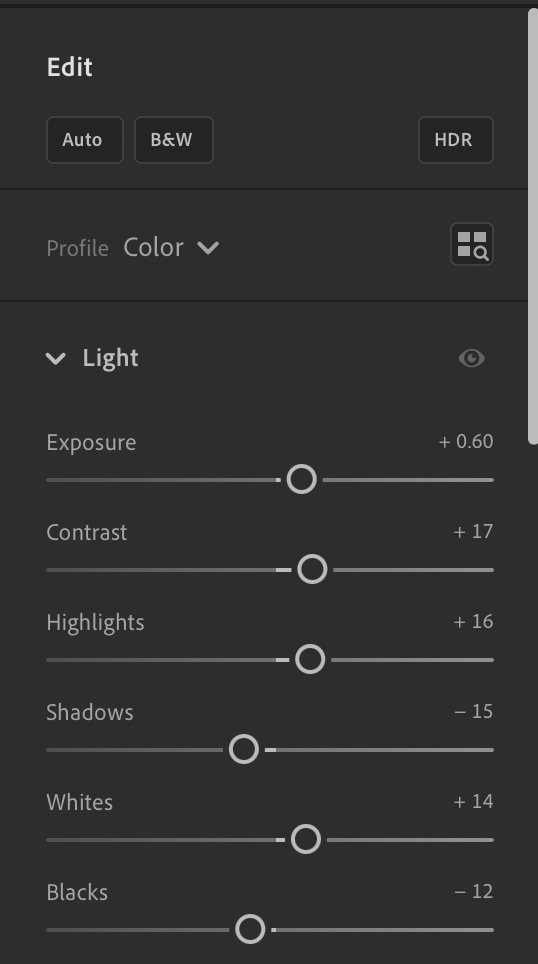 Adobe Lightroom editing control panel